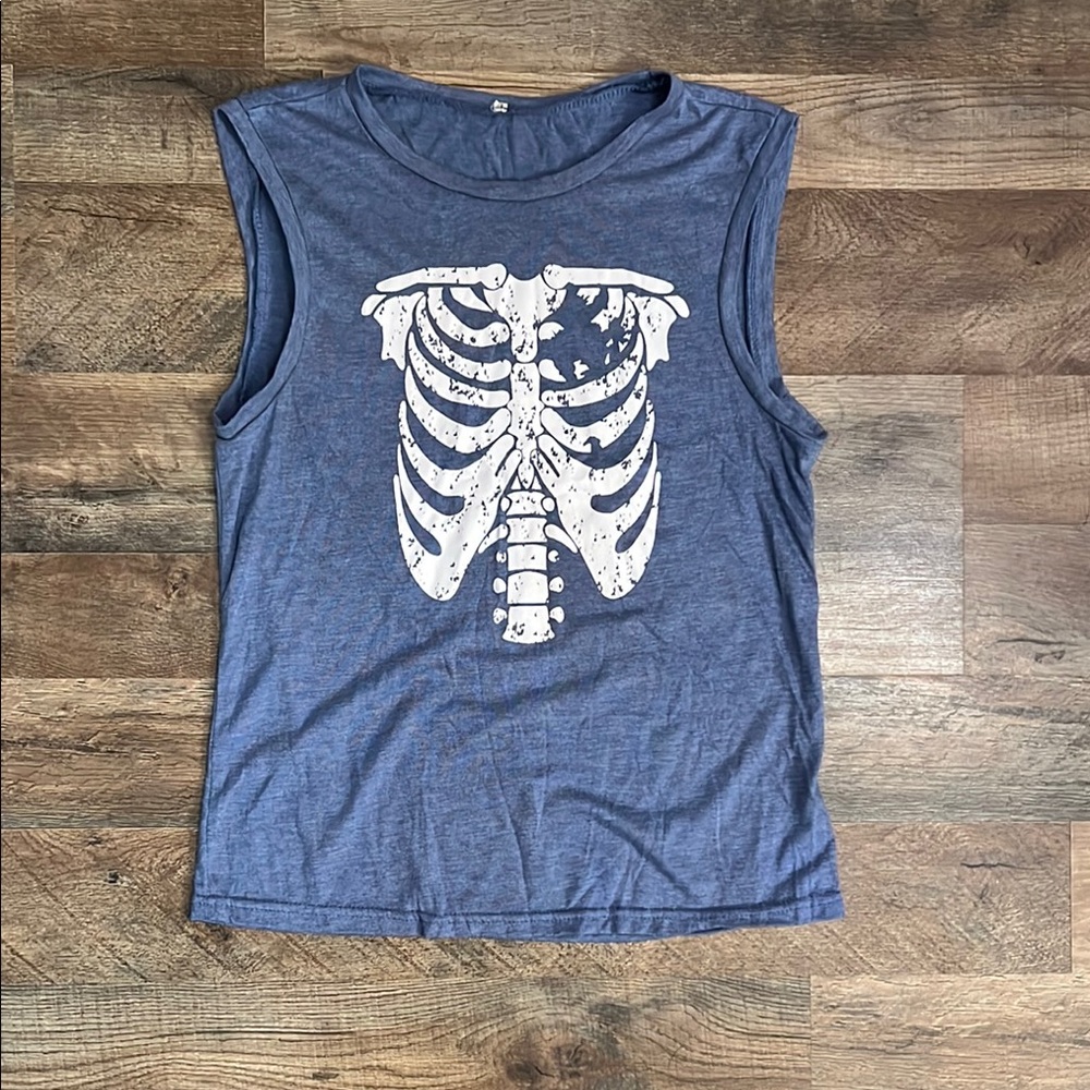 Blue Sleeveless Top with Skeleton Print